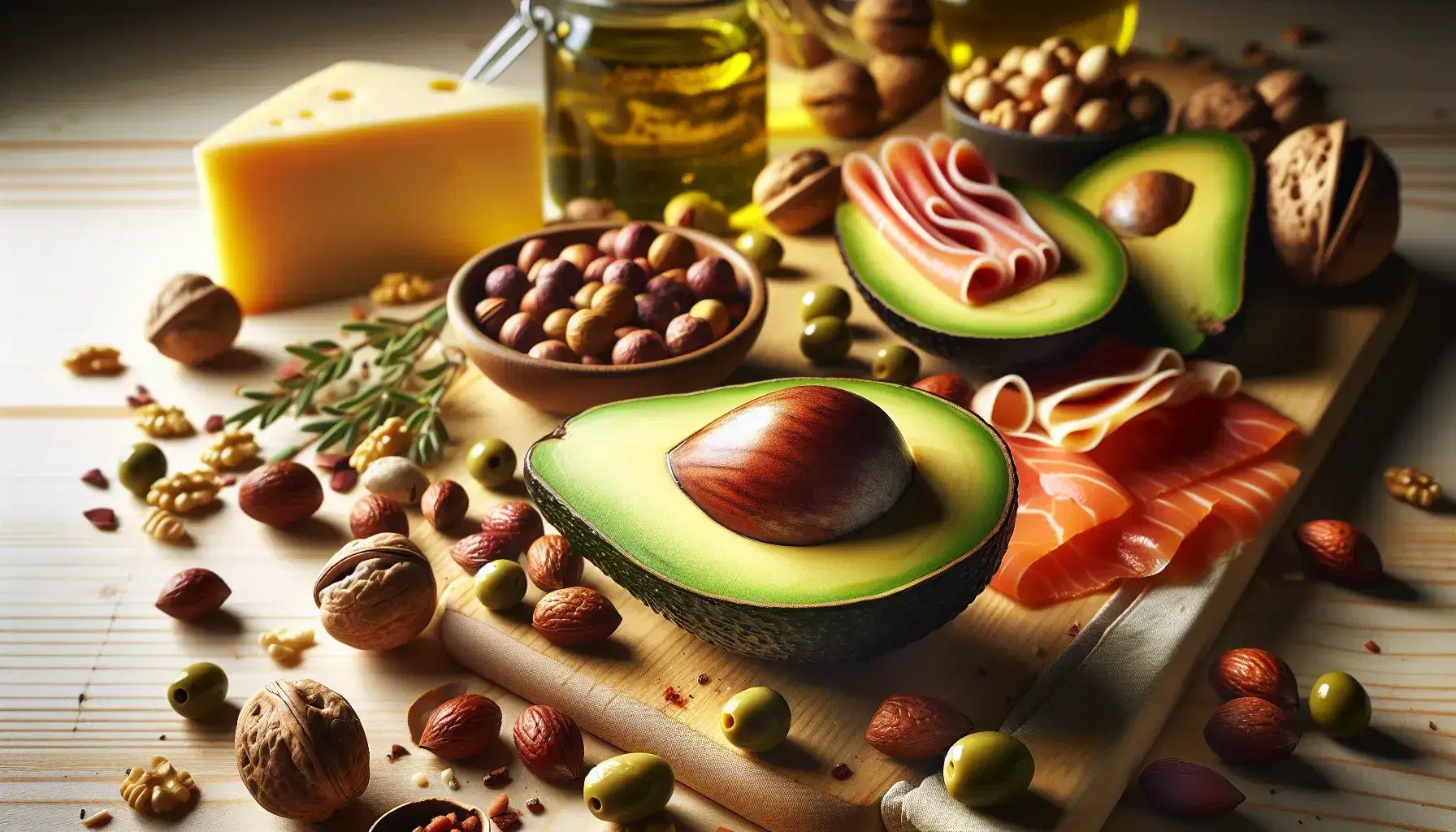 Varietà di cibi salutari su superficie in legno chiaro con avocado tagliato, noci, salmone affumicato, formaggio e olive, sotto luce naturale.