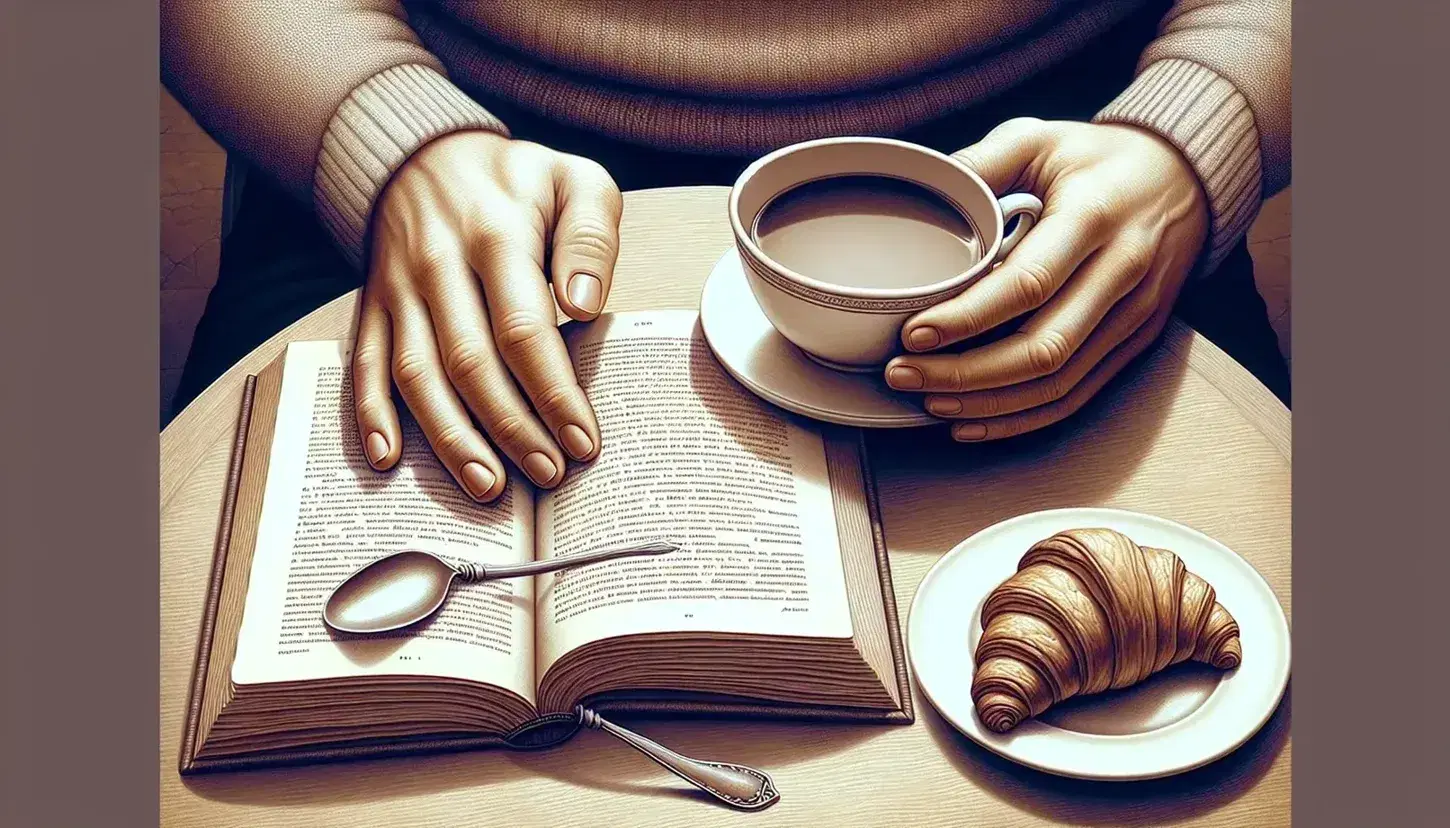 Close-up of hands on an open book with unreadable text, beside a French café-style table with coffee and a croissant.