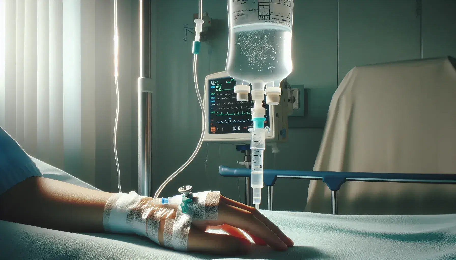Mano de paciente con catéter intravenoso en hospital, conectada a bolsa de suero en soporte metálico, con monitor de signos vitales al fondo.