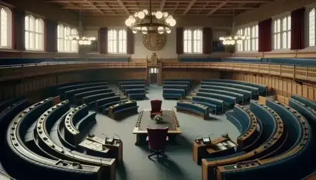 Camera parlamentare vuota con banchi semicircolari blu, poltrona rossa centrale, stemma in legno, lampadari in vetro e tende rosse.