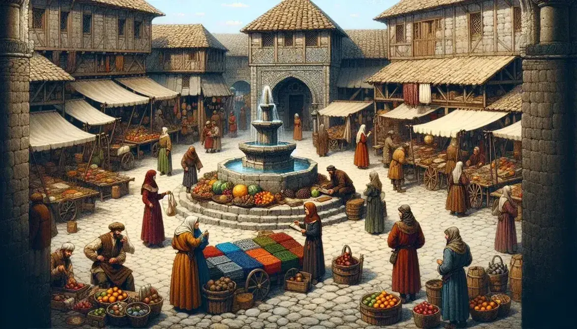 Mercato medievale animato con fontana ottagonale, bancarelle di frutta, verdura, tessuti colorati e oggetti metallici, persone in abiti d'epoca che contrattano.