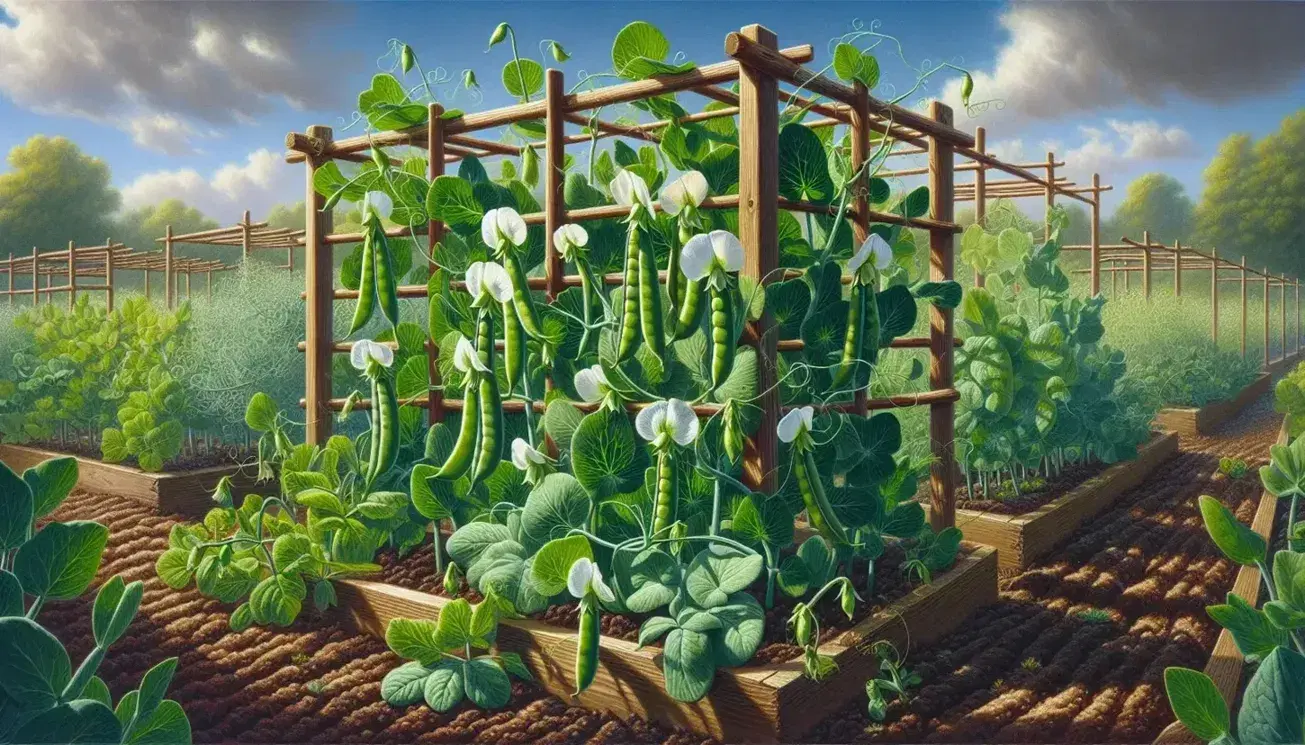 Pea garden with green plants, white flowers and pods, on fertile soil and wooden support, under a blue sky.