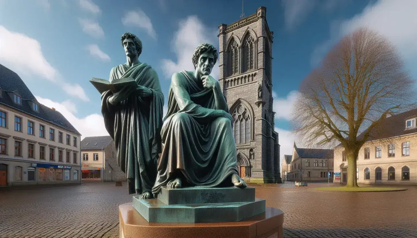 Estatua de bronce de figura pensativa con libro, frente a iglesia gótica en plaza adoquinada, bajo cielo azul con árbol sin hojas.