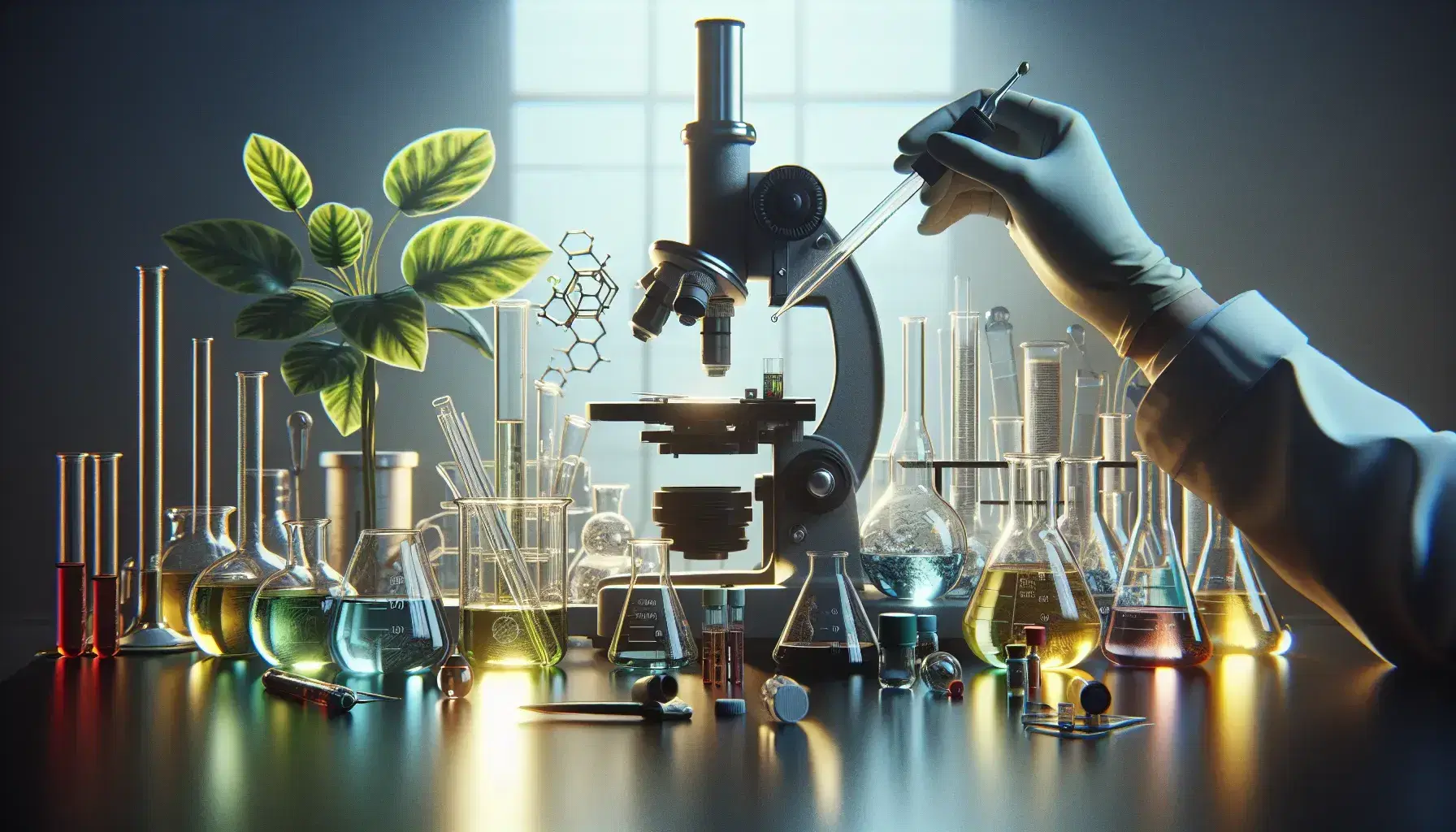 Science laboratory with workbench, glassware with colored liquids, microscope, green plant and gloved hands using pipette.