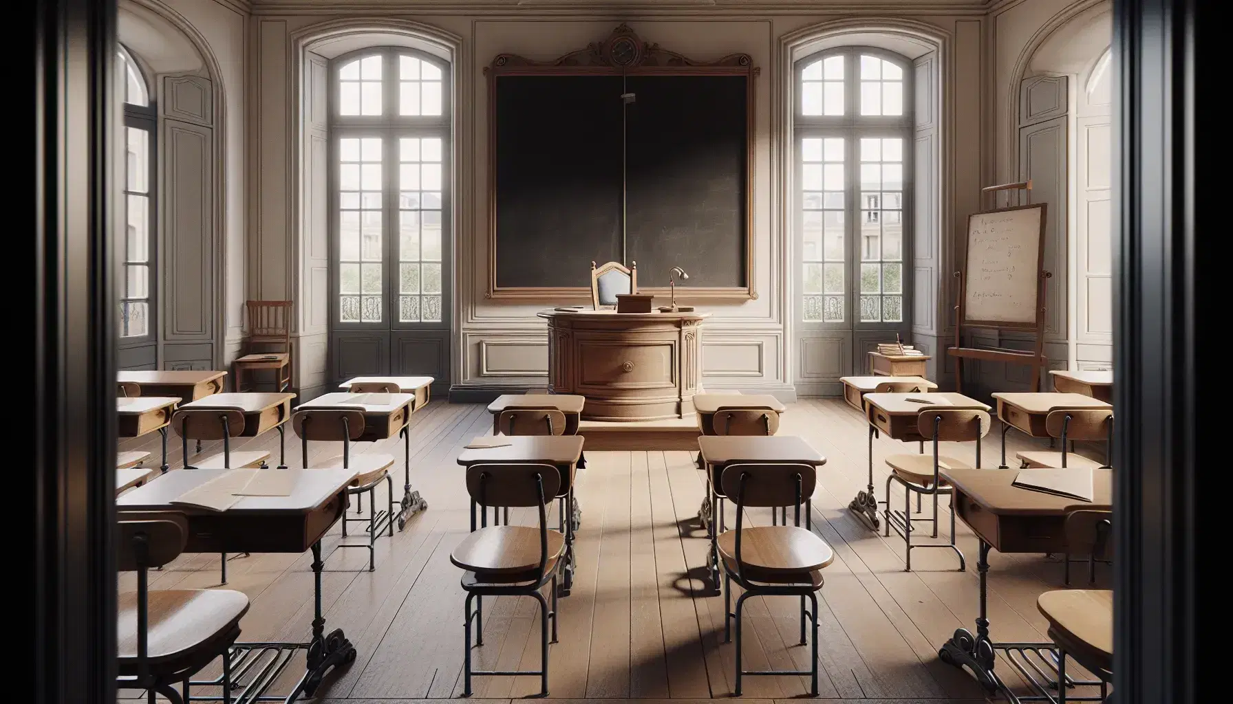 Traditional French classroom with wooden desks in a semi-circle, teacher's desk on a platform, clean chalkboard, globe, and bookshelf with unmarked books.