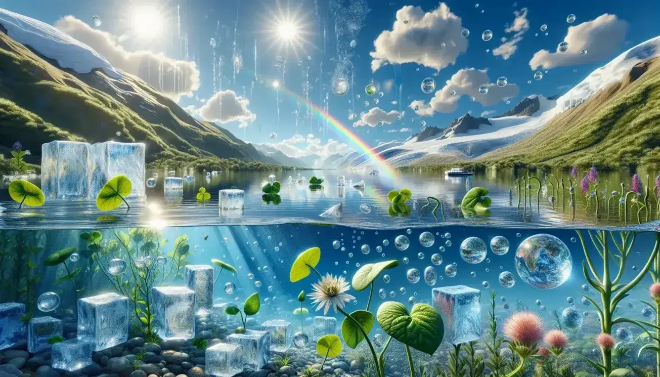 Lago sereno con riflessi del cielo azzurro e nuvole, cubetti di ghiaccio galleggianti, piante verdi con gocce d'acqua e arcobaleno.