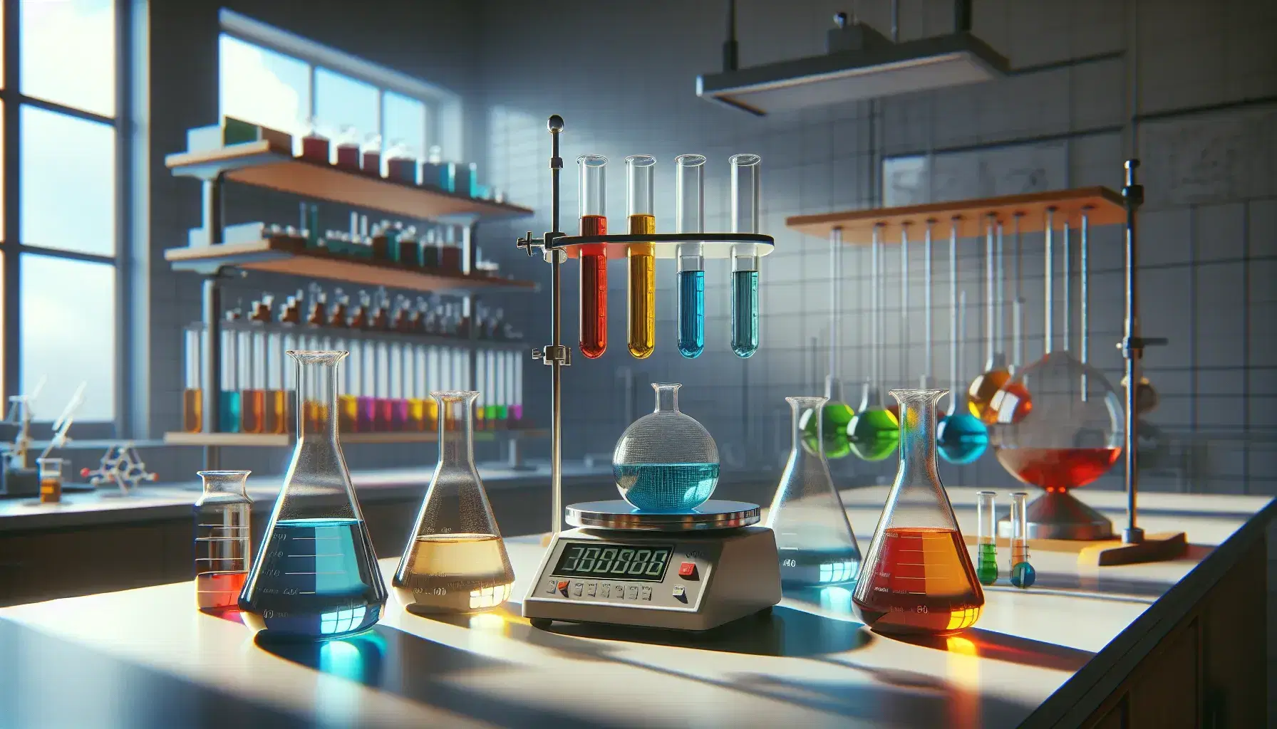 Laboratorio químico con matraces Erlenmeyer con líquidos de colores y tubos de ensayo en estante de madera, junto a balanza analítica apagada.