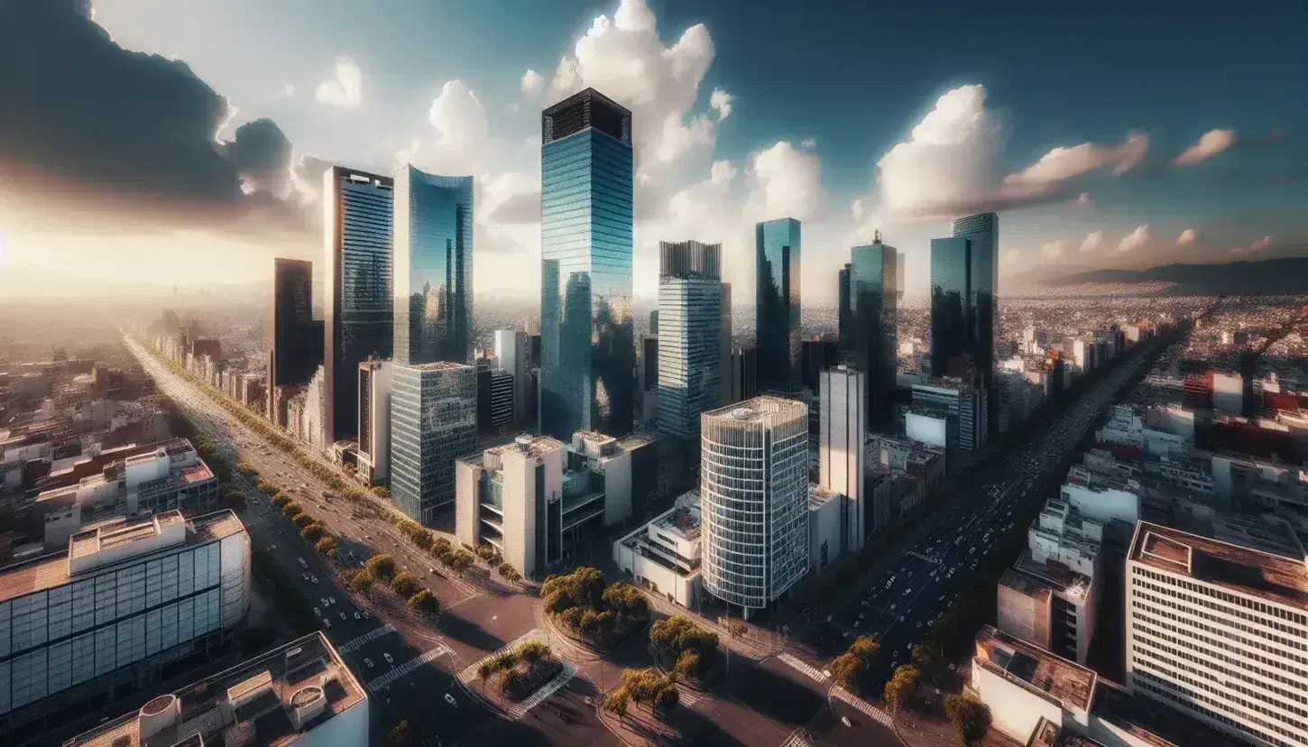 Vista aérea del Distrito Financiero de la Ciudad de México con rascacielos reflejando el cielo azul, calles con vehículos y áreas verdes.