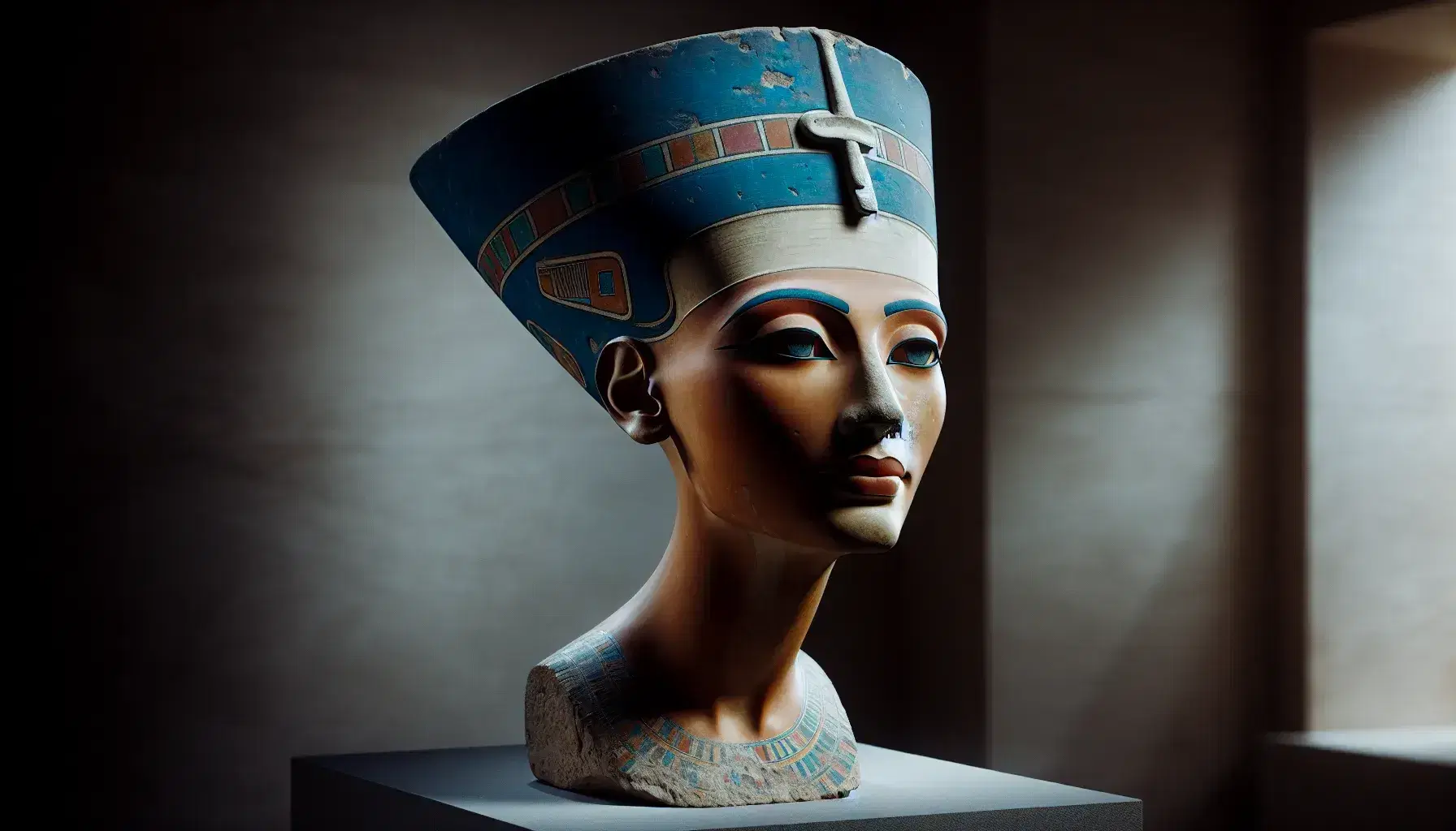Busto di Nefertiti in calcare e stucco, con dettagli policromi ben conservati, capelli blu scuro e corona cilindrica, su sfondo neutro.