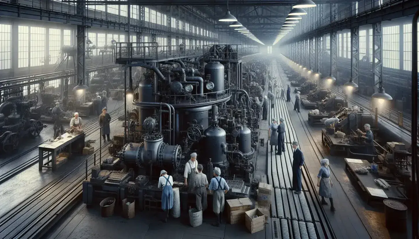 Fábrica de la era de la Segunda Guerra Mundial con operarios en overoles y cascos trabajando en maquinaria pesada y cintas transportadoras bajo luz industrial.