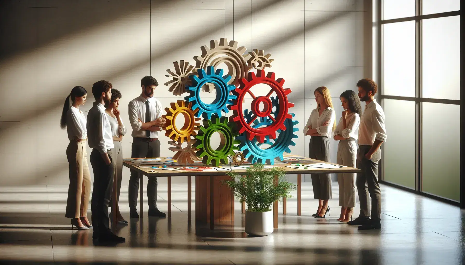 Grupo diverso de profesionales concentrados en un modelo de engranajes en movimiento de colores primarios, con una planta verde al lado, en un entorno iluminado naturalmente.