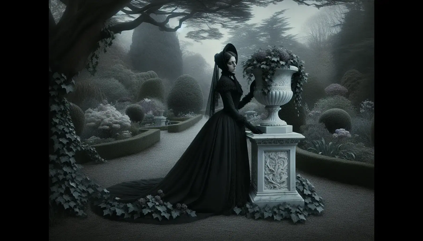 Victorian woman in mourning attire beside an urn on a pedestal, with a backdrop of a serene garden and overcast sky.