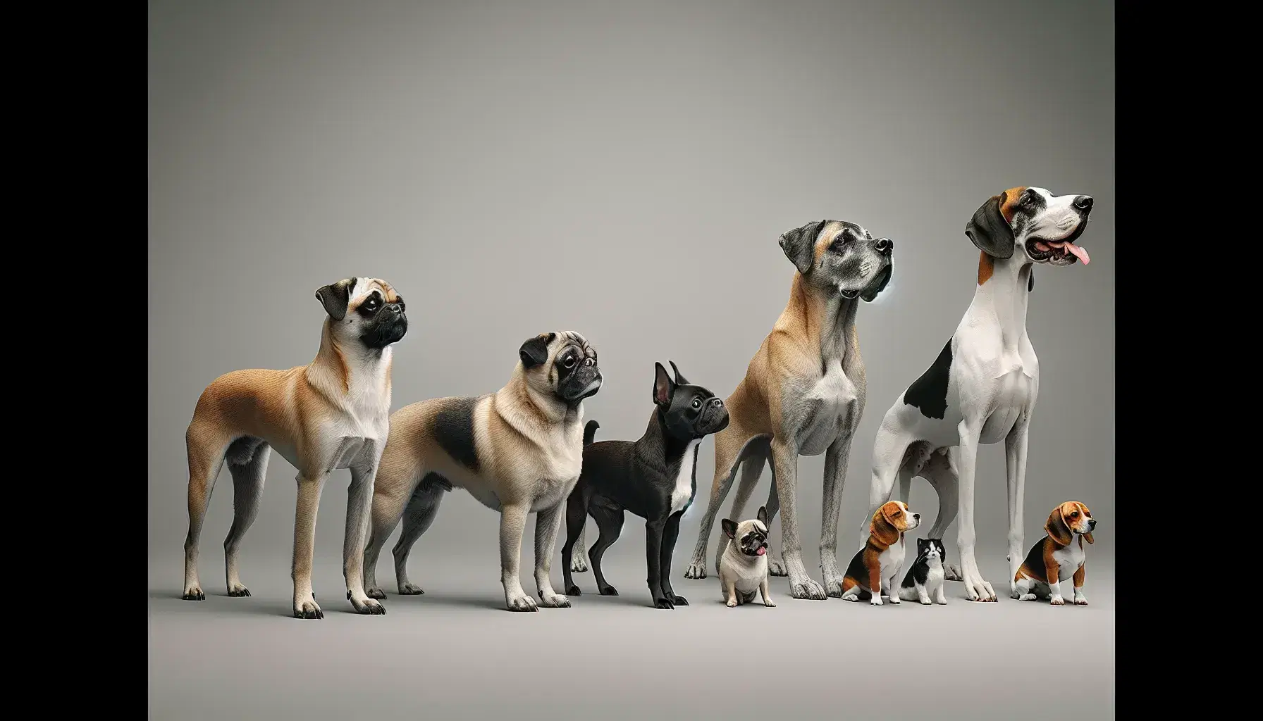Seven dog breeds lined up by size on a neutral background, from the light brown Chihuahua to the stately gray Great Dane.