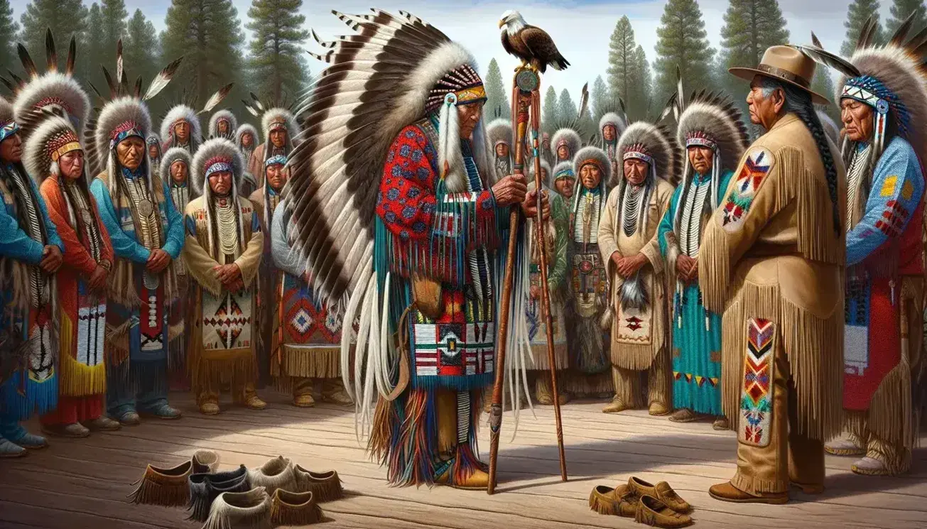 Native American tribal leaders in feathered headdresses and traditional beaded attire hold a ceremony with drums in a grassy field near tepees.