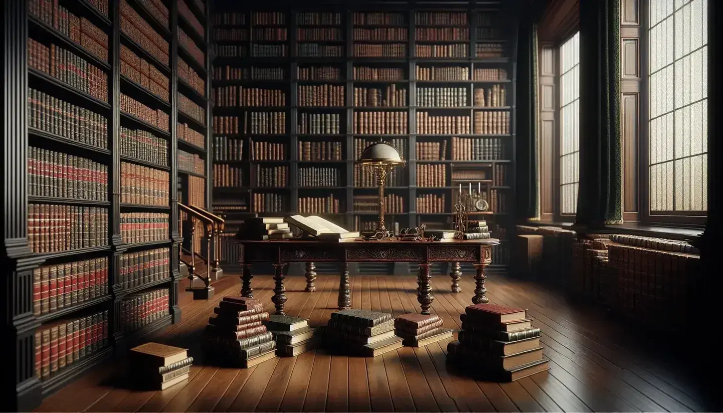 Biblioteca clásica con estanterías de madera oscura llenas de libros encuadernados en cuero, mesa central con libros abiertos y gafas, lámpara de pie y ventana con cortinas de terciopelo verde.