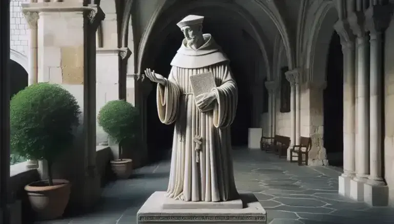 Estatua de mármol blanco de filósofo medieval en hábito dominico, con una mano extendida y la otra sosteniendo un libro, en un claustro antiguo iluminado naturalmente.
