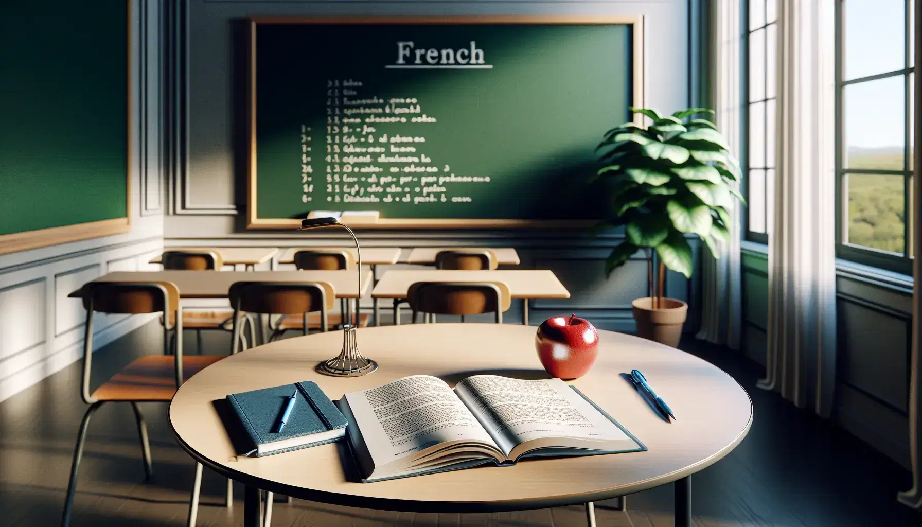 Classroom setup for French lesson with an open textbook, blank notebook, pen, apple on a wooden table, clean chalkboard, and a potted plant.
