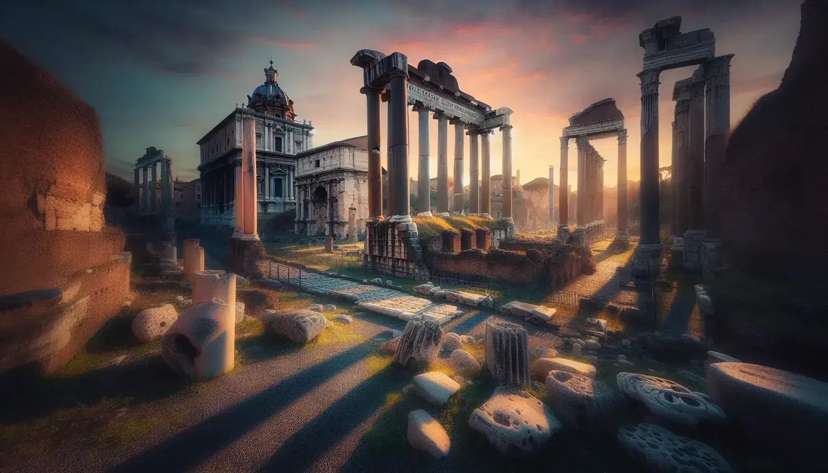 Tramonto sul Foro Romano con colonne e archi in rovina, cielo sfumato di arancione e rosa, ombre lunghe sul terreno erboso.