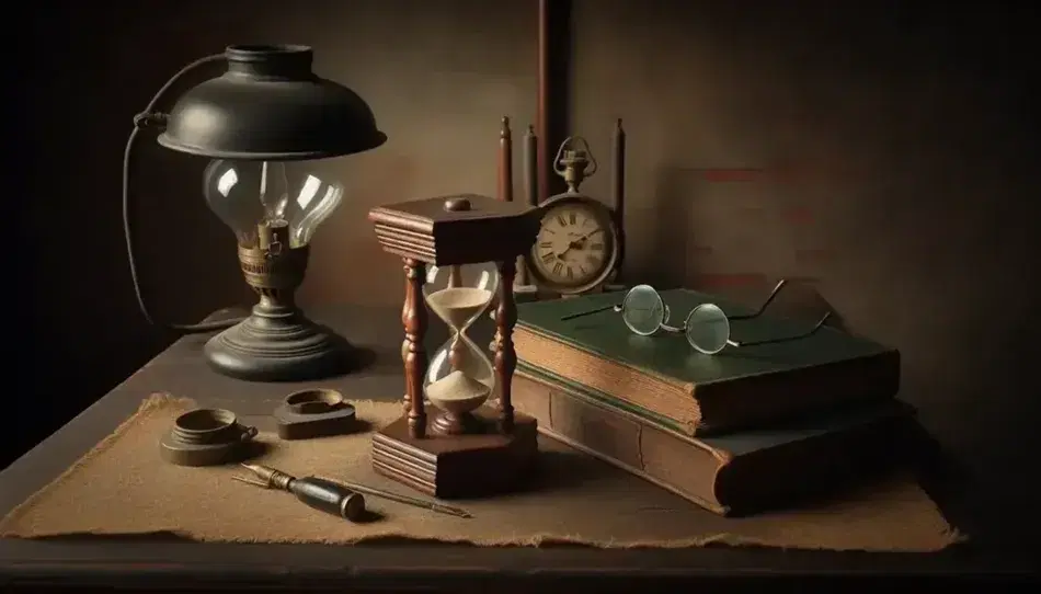 Escritorio de madera antiguo con reloj de arena, gafas sobre libro verde, tintero negro y lámpara de aceite apagada, fondo de ladrillos rojos desgastados.