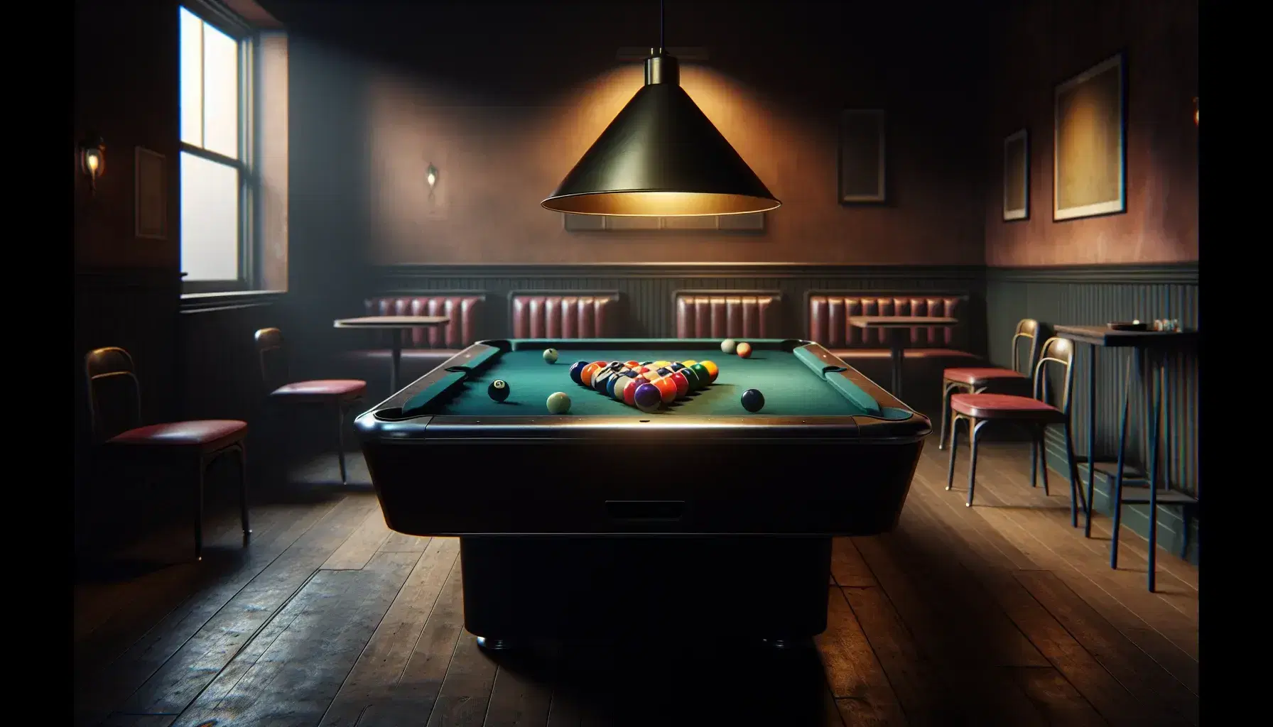 Vintage pool hall with a green felt table, scattered billiard balls, warm overhead lighting, wooden chairs with red cushions, and a dark hardwood floor.