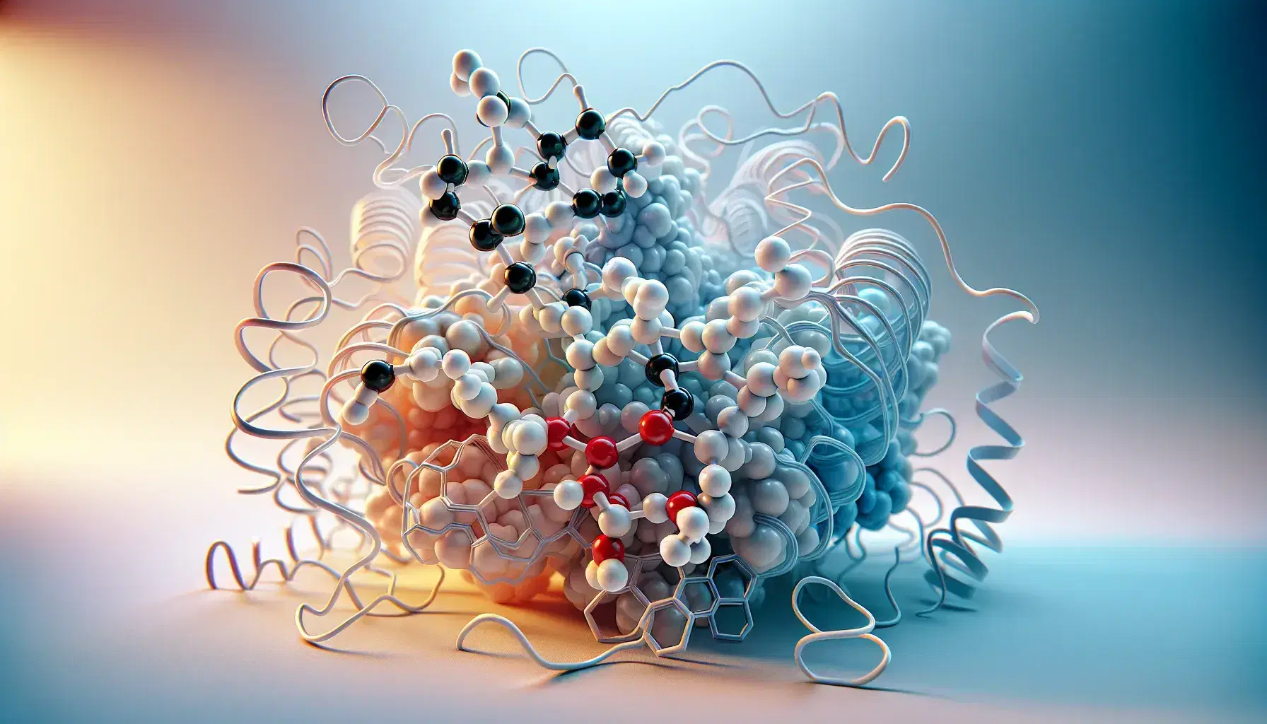 Transparent 3D enzyme model with colored atoms, showing substrate at active site, against a soft blue-to-white gradient background.