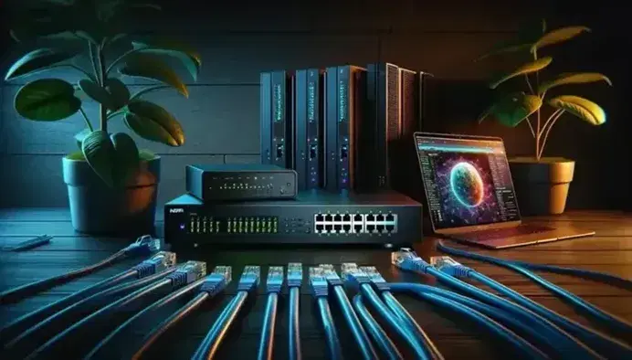Router nero con LED accesi e cavi Ethernet blu collegati a laptop aperto e server NAS su superficie in legno scuro con pianta verde.
