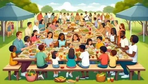 Gruppo multietnico felice che condivide un pasto all'aperto con piatti vari e bevande colorate, sotto un cielo sereno.