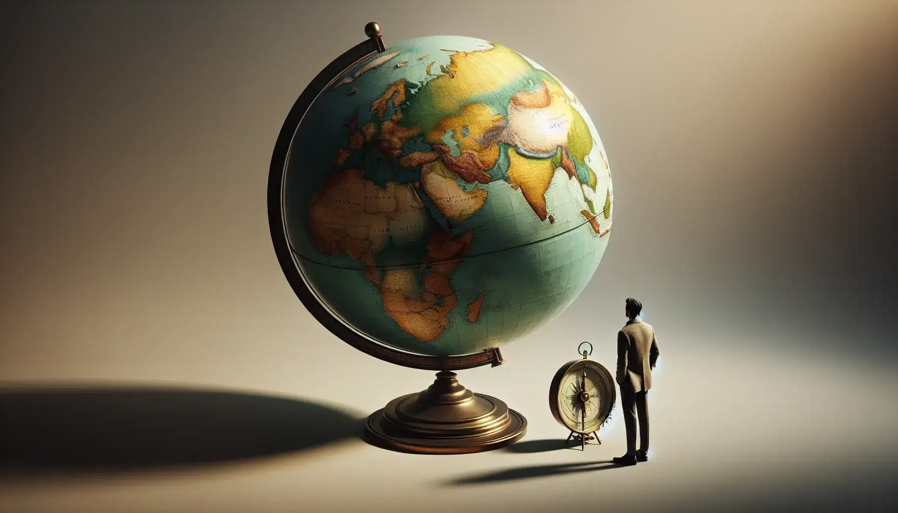 Globo terráqueo tridimensional con colores que indican continentes y océanos, figura humana de espaldas contemplándolo y brújula antigua al lado.