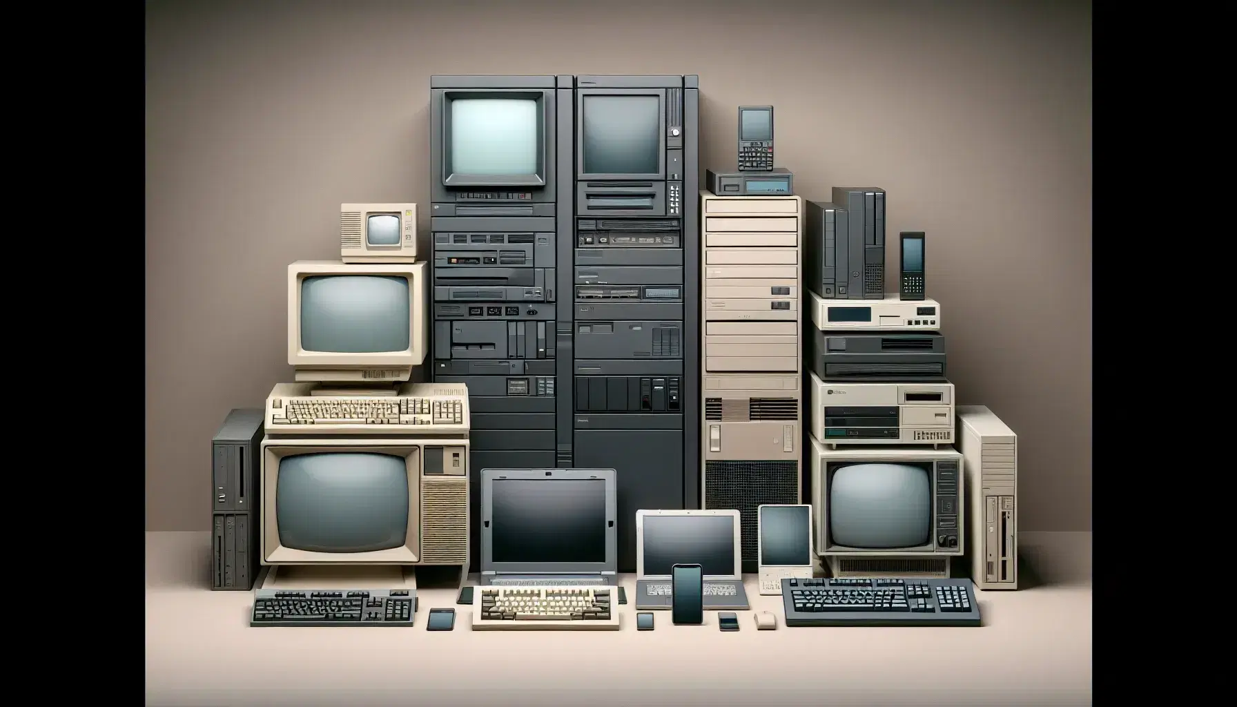 Evolución de dispositivos electrónicos con mainframe central, computadora de escritorio beige, smartphone moderno, tablet electrónico y laptop abierto en superficie neutra.
