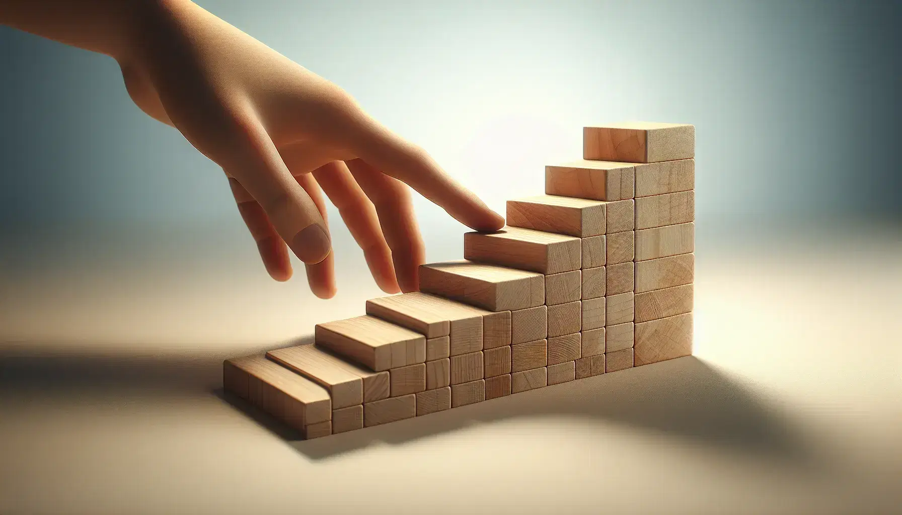Hand reaching towards a stepped arrangement of increasing-sized wooden blocks, with a soft blue to white gradient background.