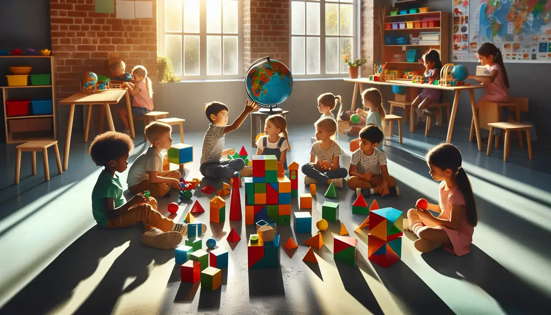 Niños diversos jugando con bloques geométricos de colores en un aula iluminada, con un niño girando un globo terráqueo al fondo.