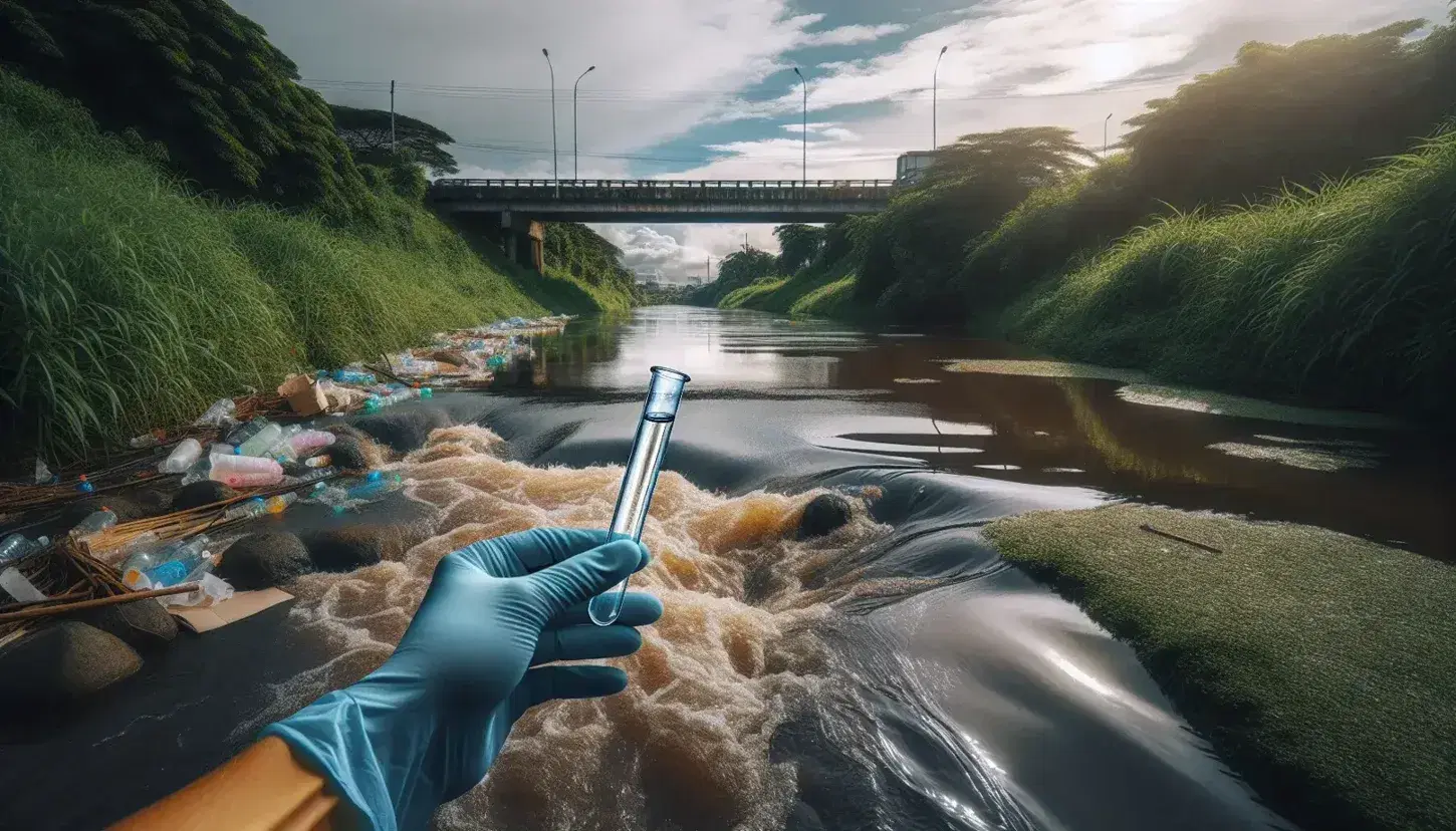 Mano con guantes tomando muestra de agua turbia de río contaminado con desechos bajo puente de concreto, rodeado de vegetación verde y cielo azul con nubes.