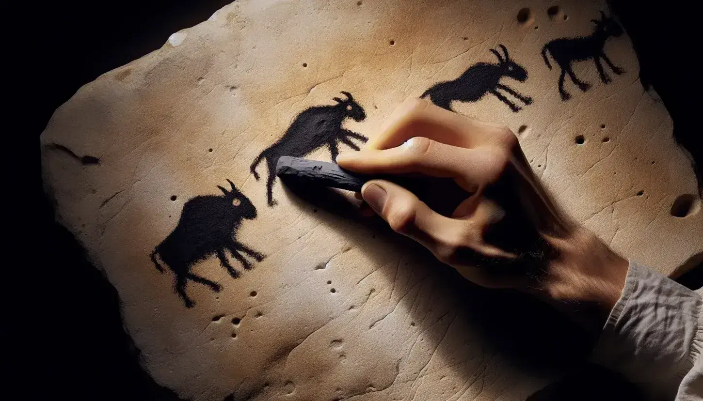 Mano sosteniendo carbón y dibujando figuras animales prehistóricas en superficie similar a cueva, con sombras y texturas resaltadas.