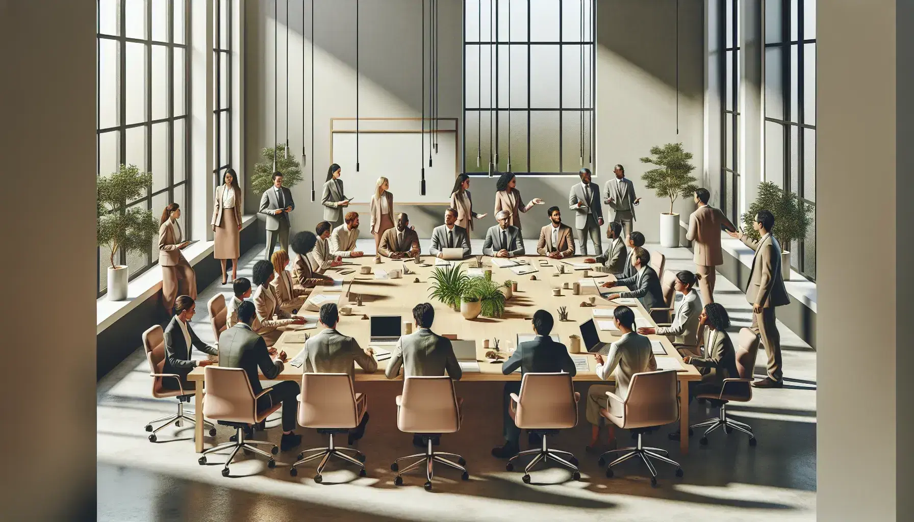 Grupo diverso de profesionales en reunión de trabajo en una sala iluminada con luz natural, rodeados de tecnología y documentos, en un ambiente de colaboración.