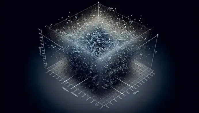 Three-dimensional chart with light to dark blue colored dots, gray translucent plane, and gold lines connecting the source to the data.
