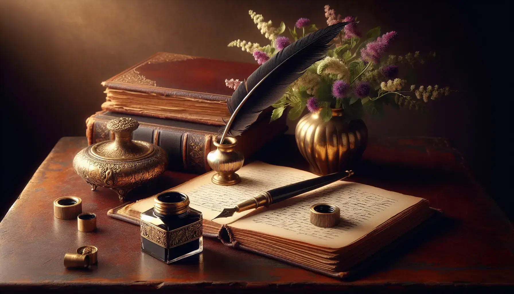 Victorian brass inkwell with quill on a mahogany desk beside a leather-bound book, with a blurred bouquet of violets in the background.