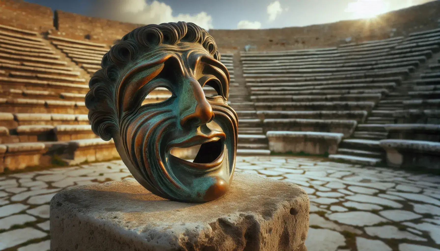 Maschera teatrale romana in bronzo su piedistallo di pietra con sfondo di teatro antico e cielo azzurro.