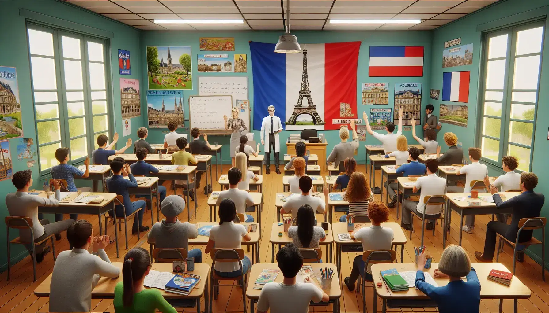 Diverse students engage in a French class, focusing on a teacher in the center, with cultural posters and a French flag adorning the walls.