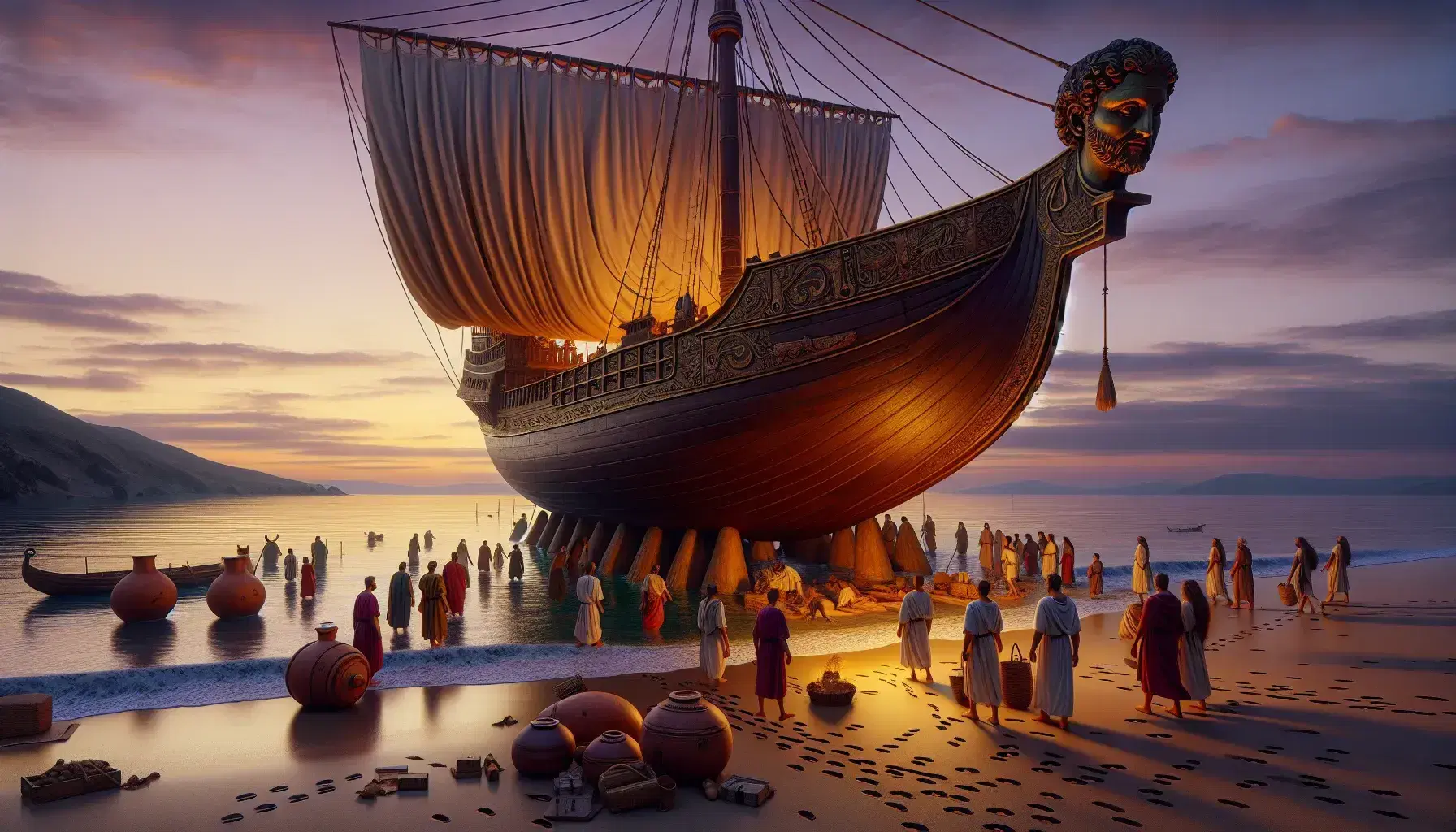 Nave antica in legno con vela avvolta ancorata su spiaggia al tramonto, figure umane scaricano anfore e cesti, cielo colorato in lontananza.
