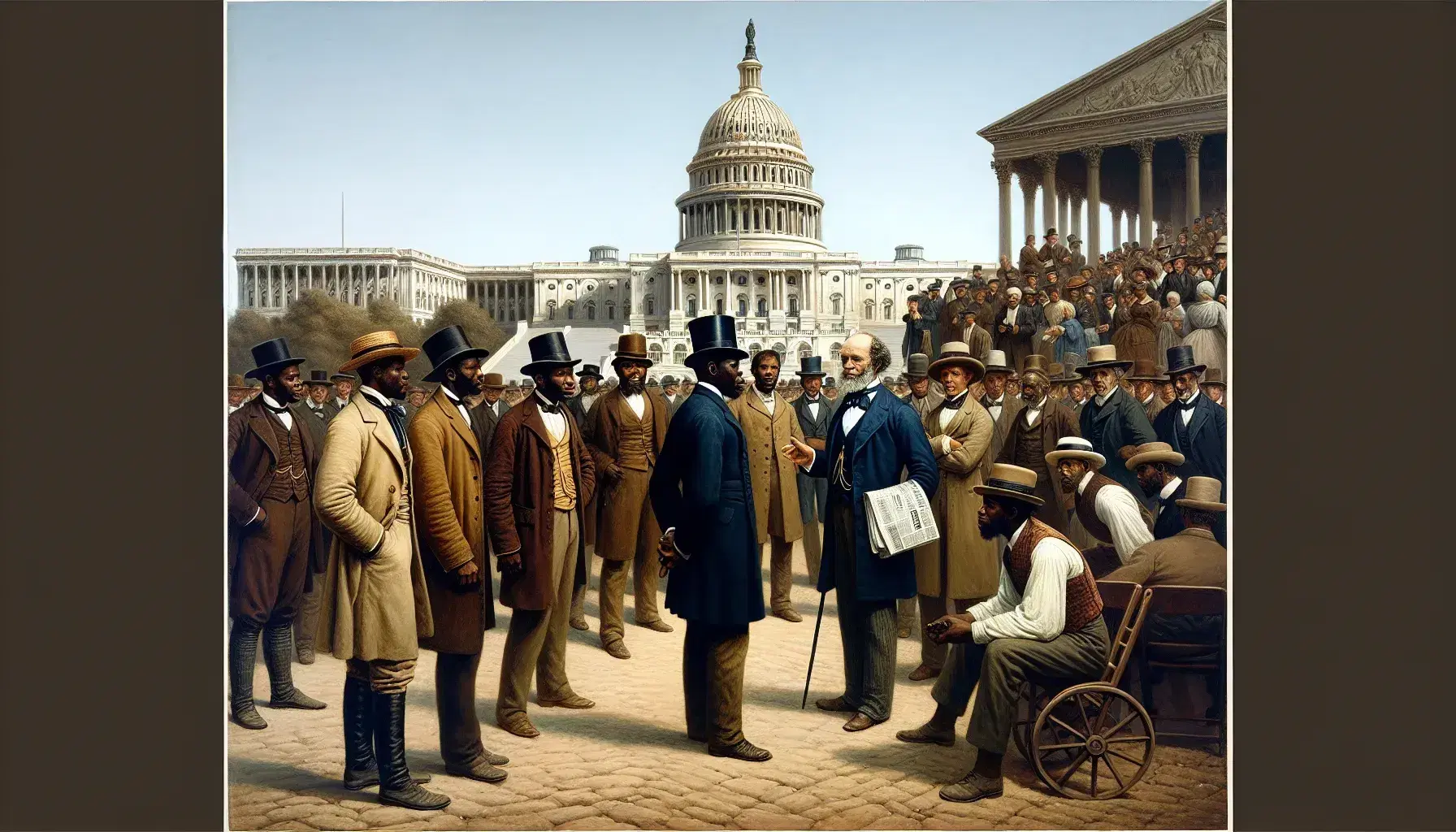 African American men in period attire converse outside the US Capitol during the Reconstruction Era, with a clear blue sky overhead.