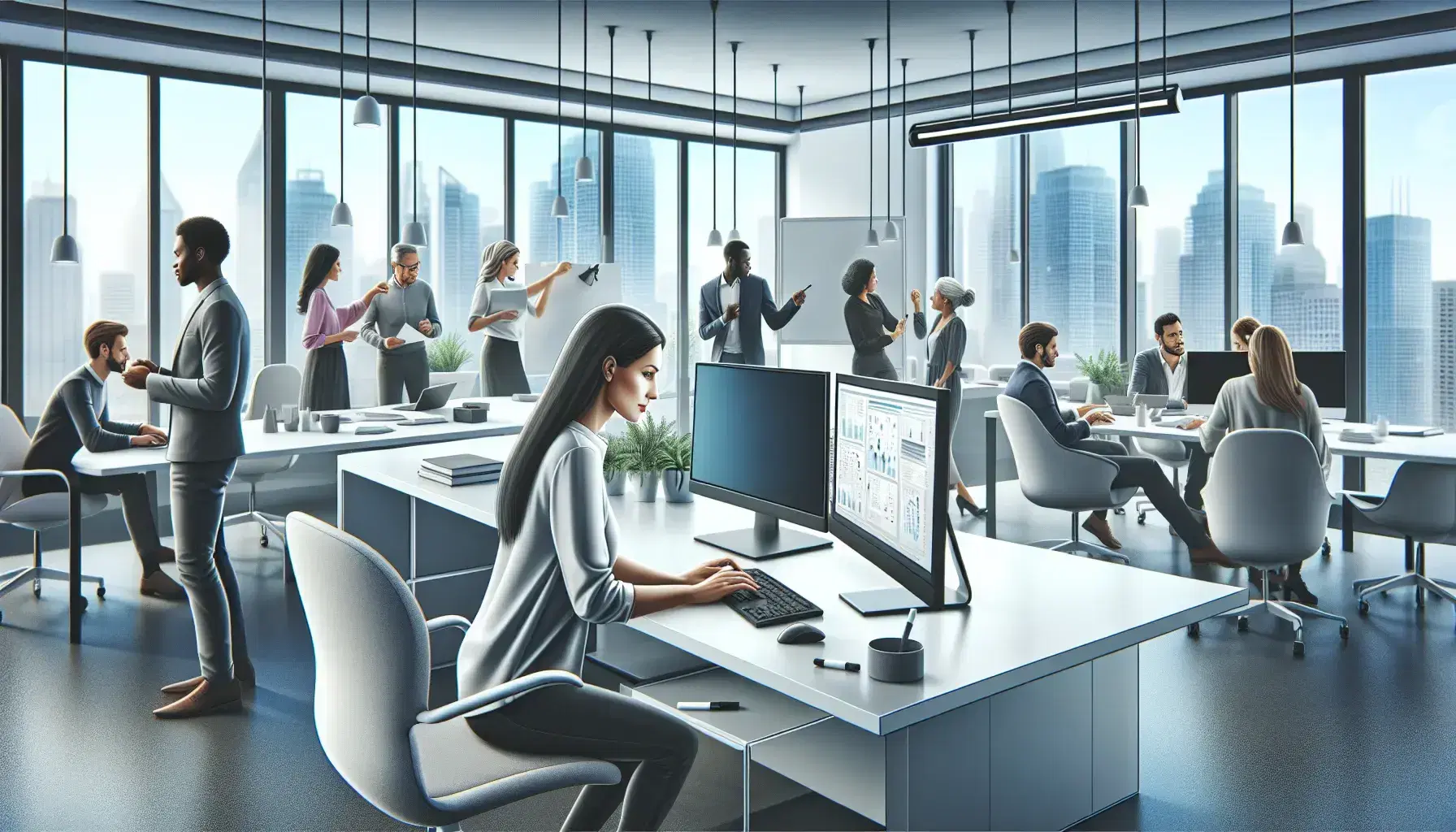 Modern, bright office with Caucasian woman working on computer with dual monitors, black man at whiteboard and multi-ethnic group in meeting.