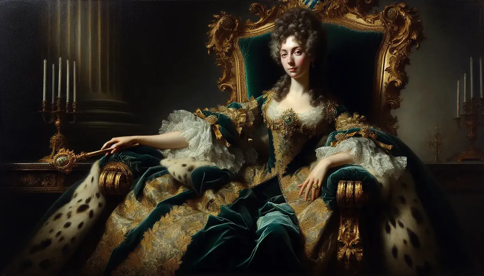 Ritratto di dama del XVIII secolo su trono ornato, in abito velluto blu-verde con ricami oro, mantello con ermellino e scettro gemmato.