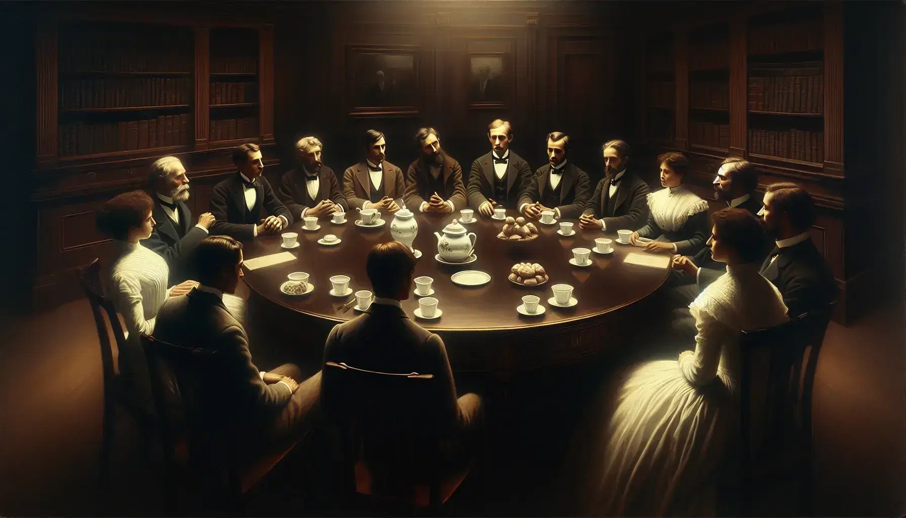 Grupo de diez personas en atuendos de principios del siglo XX reunidas alrededor de una mesa redonda en un café antiguo, con tazas de café y pastelillos.