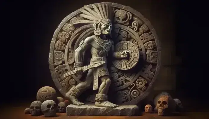 Stone sculpture of Aztec deity Huitzilopochtli with a headdress and sun disc chest ornament, holding a shield and spear, surrounded by colorful flowers and fruit offerings.