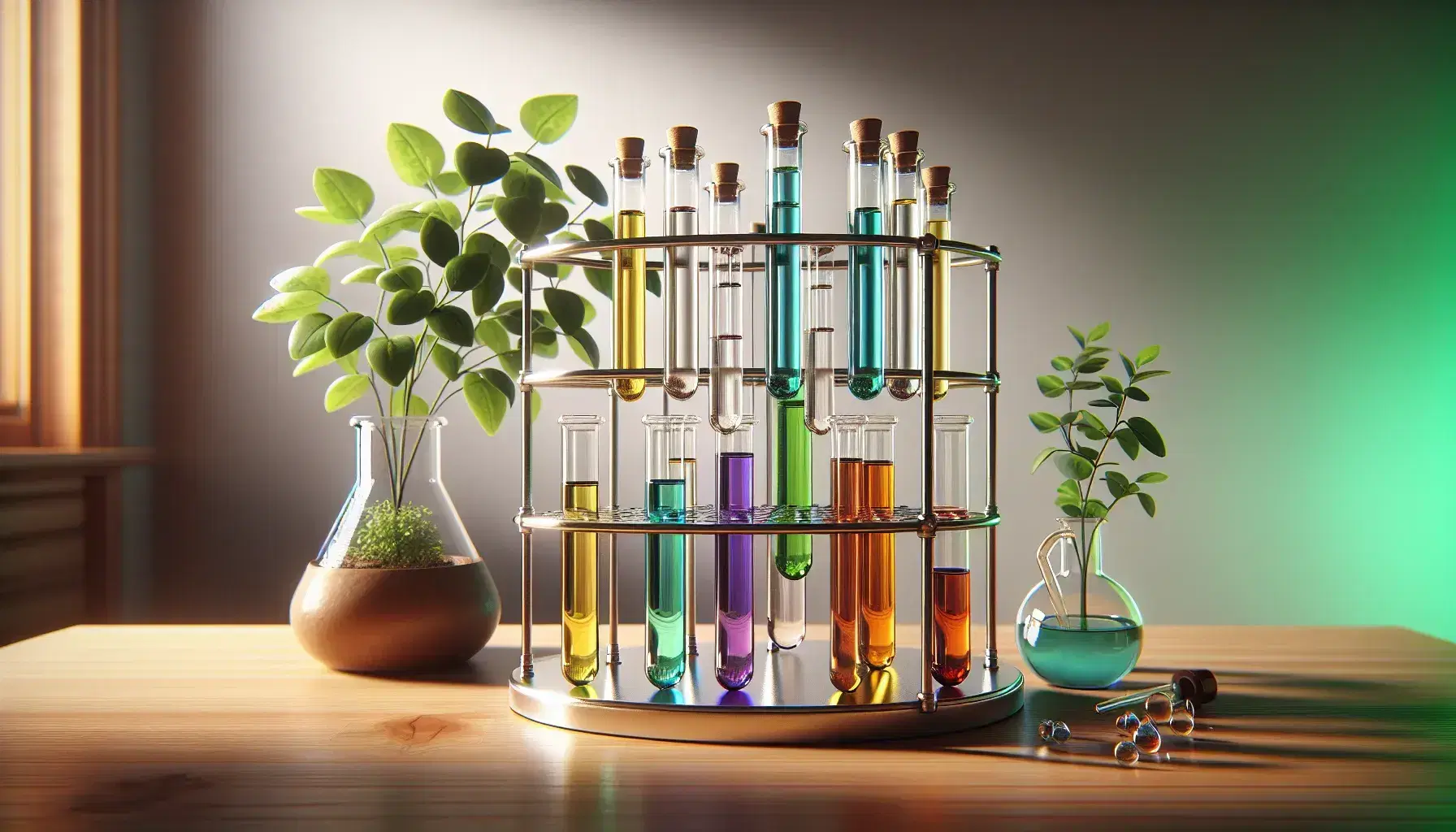 Tubos de ensayo con líquidos de colores variados en soporte metálico, planta con flores blancas al fondo y material de laboratorio sobre mesa clara.
