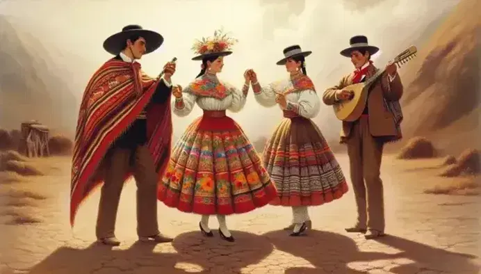 Cuatro personas en trajes andinos tradicionales, dos bailando y dos músicos con quena y charango, en paisaje montañoso bajo cielo azul.