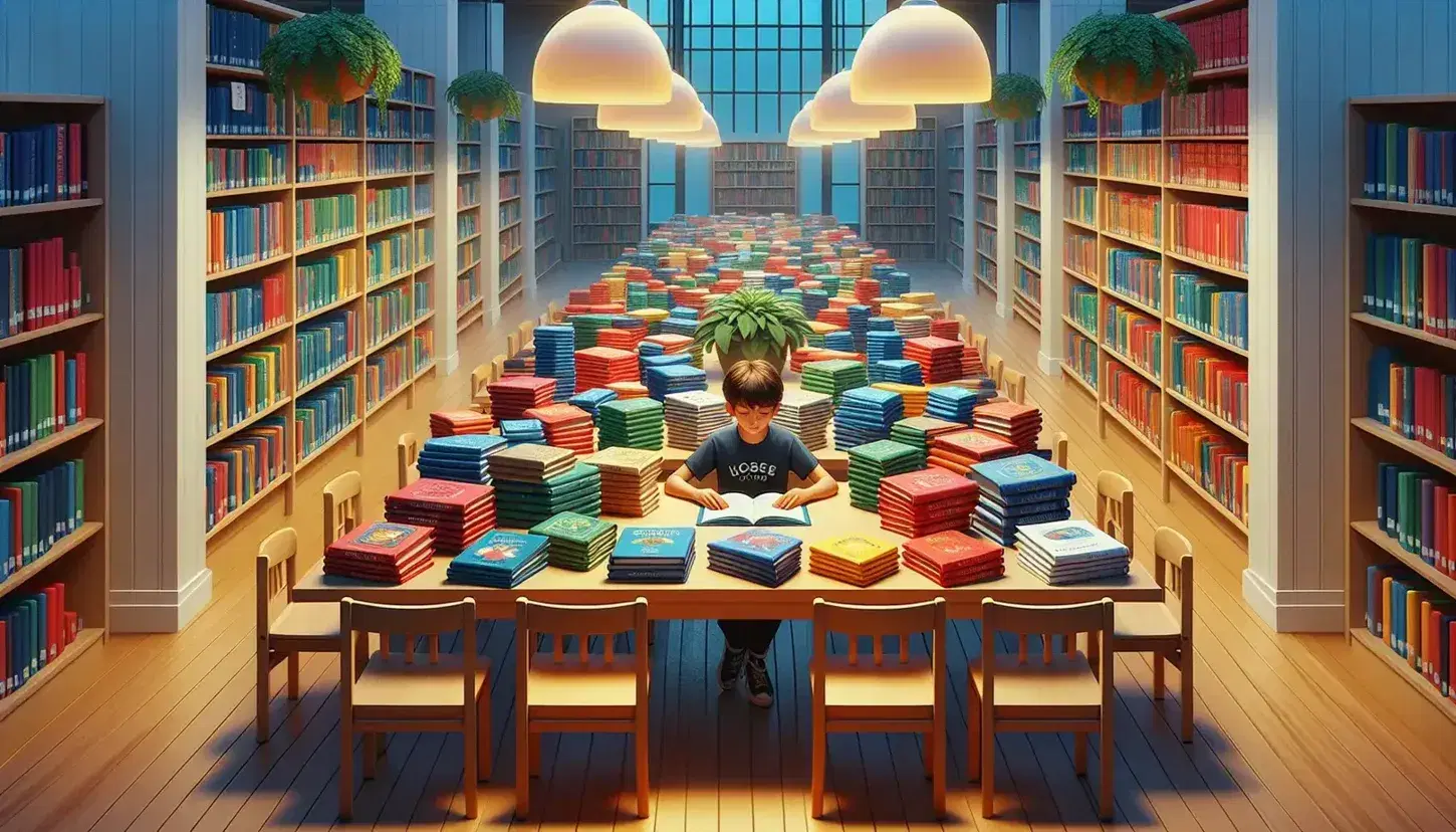 Ragazzo assorto nella lettura in una biblioteca scolastica, con tavolo di legno chiaro circondato da sedie e libri colorati.