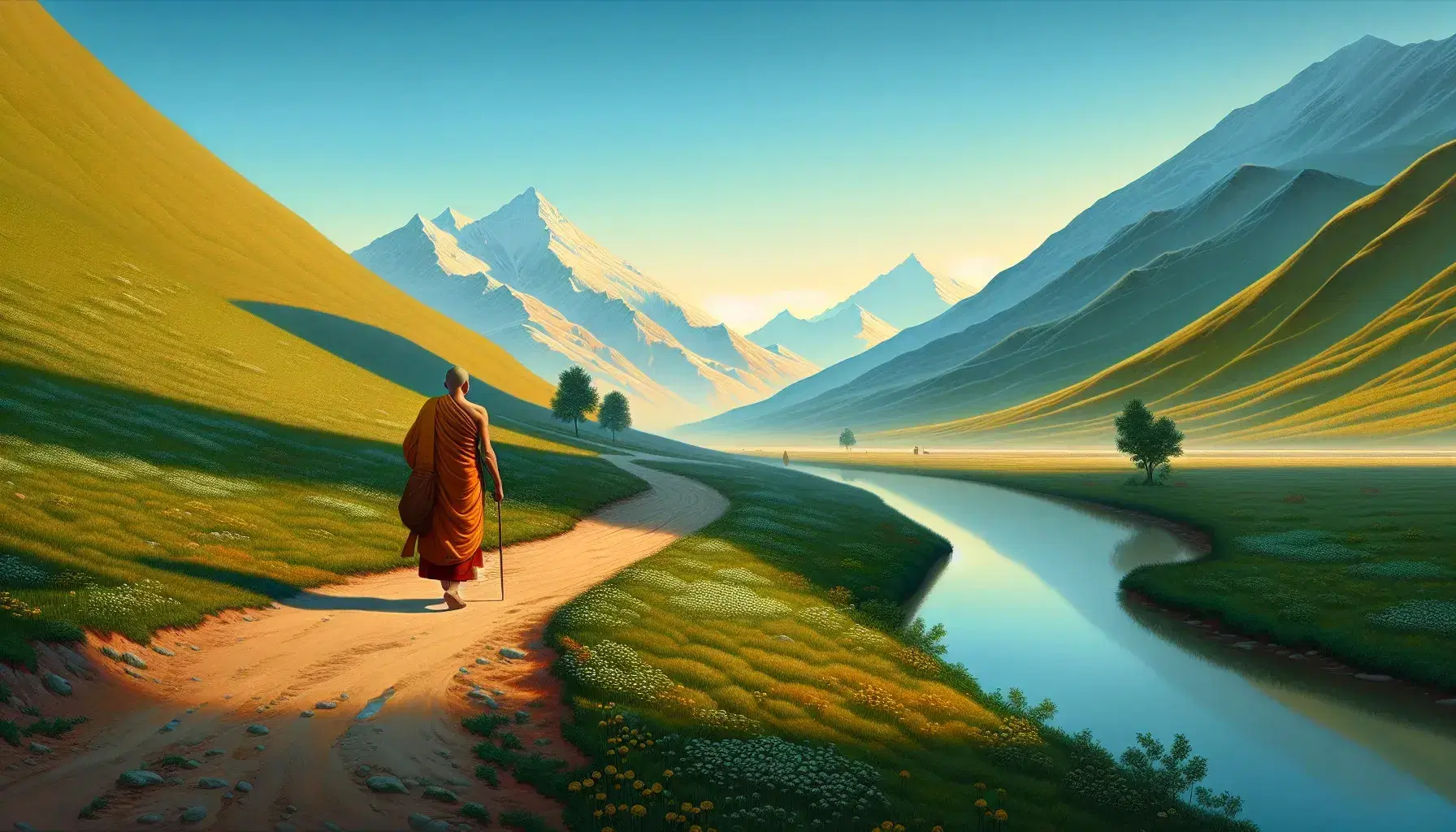 Buddhist monk in saffron robes walking on a path by a river, with snow-capped mountains in the distance and a clear blue sky above.