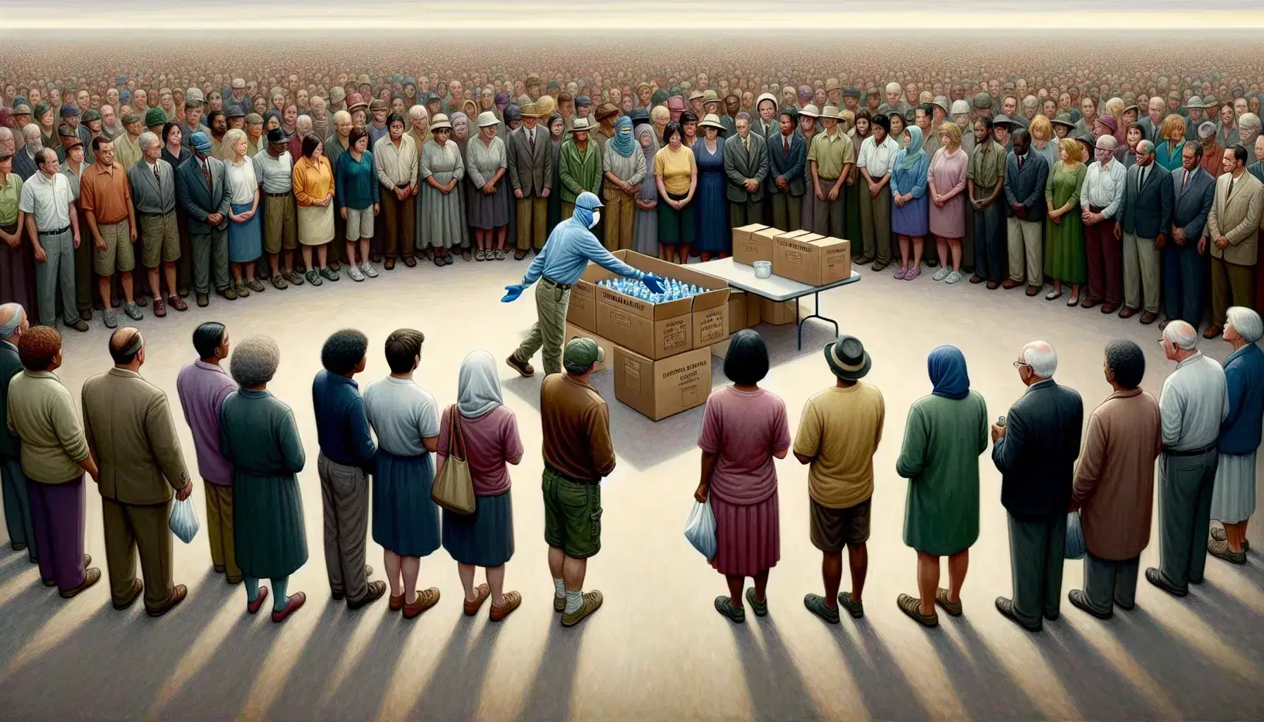 Multi-ethnic group receives help from a person on a platform distributing water, food and clothes from a box in a cloudy outdoor environment.