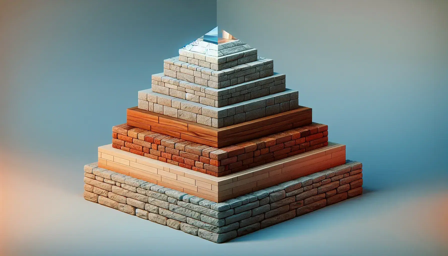 Five-tier pyramid representing Maslow's hierarchy of needs with layers of stone, wood, brick, marble, and crystal against a soft blue background.